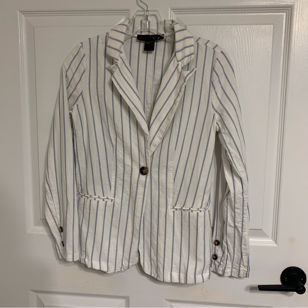 Coco‎ & Shay Women's Small White Blazer Blue Pinstripes Cotton Viscose Preppy